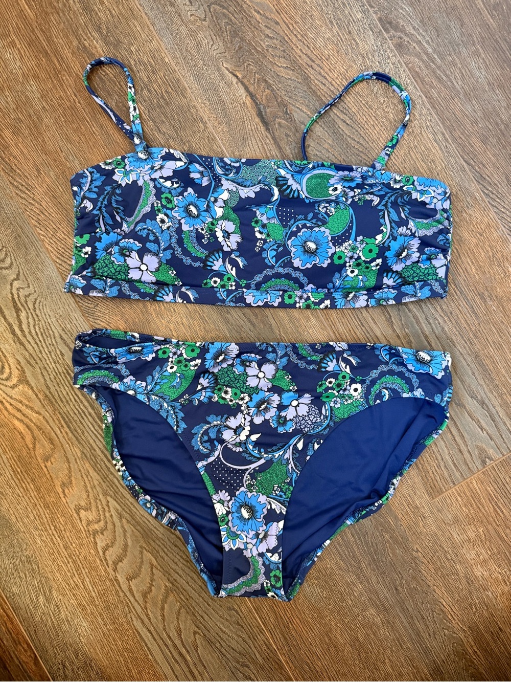 Deep Blue Floral and Paisley Bikini bandeau top and bottom set